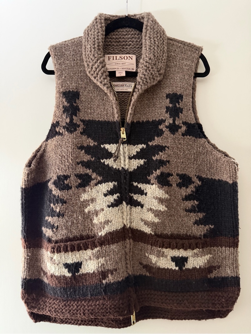 Filson Brown, Taupe & Black Patterned Wool Zip Vest